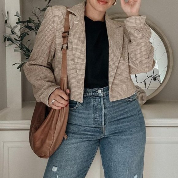 New Women's Long Sleeve Plaid Cropped Style Blazer size L Polyester - Wool blend - Picture 2 of 9